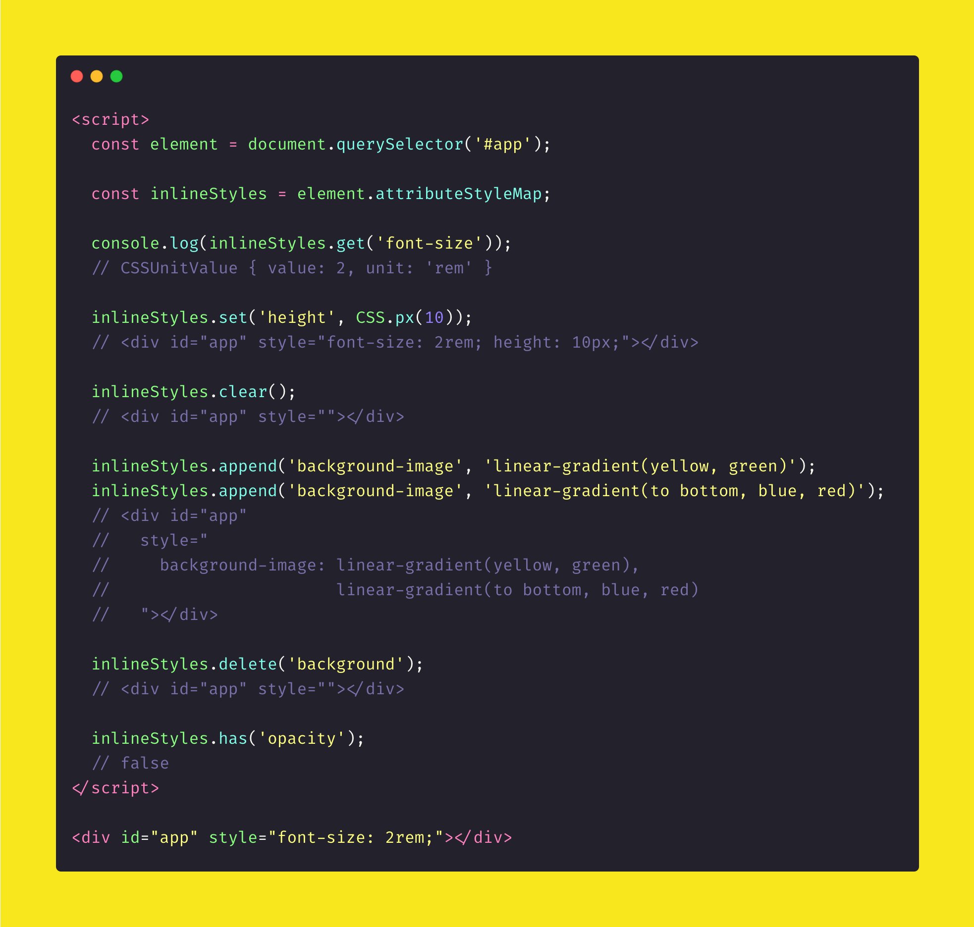 Tan Li Hau 🤔 on Twitter: "# `attributeStyleMap` 📝 to parse, modify inline styles 📝 `.set` to set style, `.clear` to remove all styles, `.delete` to remove style 📝 `.append` to append Tan Li Hau 🤔 on Twitter: "# `attributeStyleMap` 📝 to parse, modify inline styles 📝 `.set` to set style, `.clear` to remove all styles, `.delete` to remove style 📝 `.append` to append