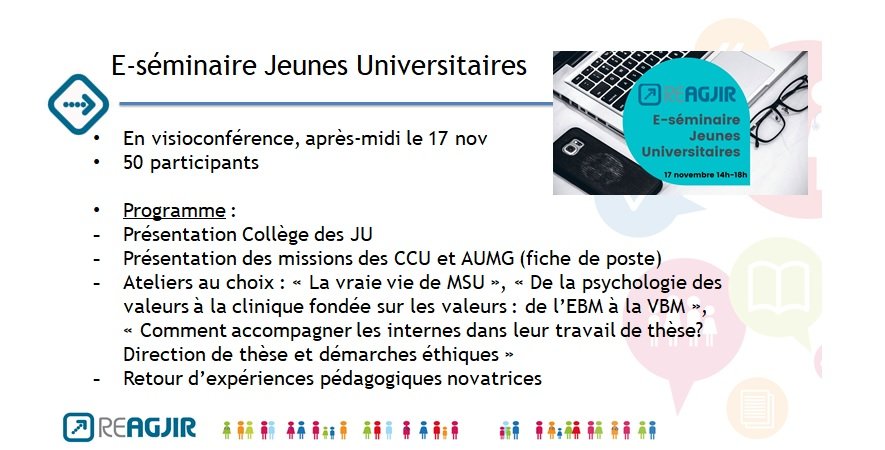 ReAGJIR's tweet photo. Dynamisme remarquable du Collège des Jeunes Universitaires en 2020, avec un "e-séminaire des chefs" riche ayant accueilli 50 JU, et la validation d'1 fiche de poste de CCU-MG ➡️ un outil concret qui va servir à la #FUMG (poke @CNGE_France), diffusion à venir. Merci @StephaneMunck https://t.co/UEjnYbf0iW
