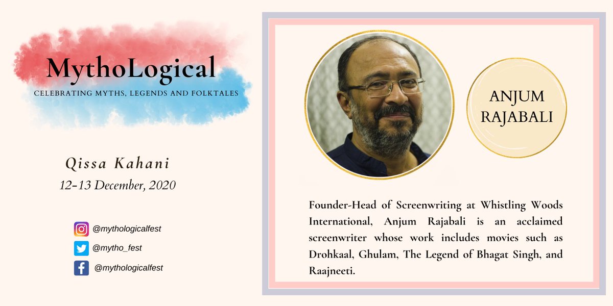 Introducing our speakers:

Founder-Head of Screenwriting at Whistling Woods International, <a href="/AnjumRajabali/">Anjum Rajabali</a> is an acclaimed screenwriter whose work includes moves such as Drohkaal, Ghulam, The Legend of Bhagat Singh, and Raajneeti.

#MythAndFact #myth #mythology #legend #folklore