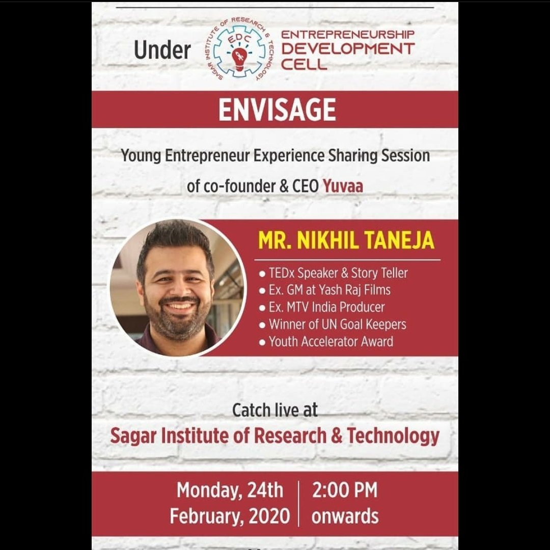 DevelopmentEdc's tweet photo. Edc-sirt one more entrepreneurship experience sharing sessions "ENVISAGE" Is successfully conducted by entrepreneurship development cell of the sage group. This time EDC cell invited young Entrepreneur Mr. Nikhil Taneja, co-founder and CEo of yuvaa startup. https://t.co/0Cwt1XouVm