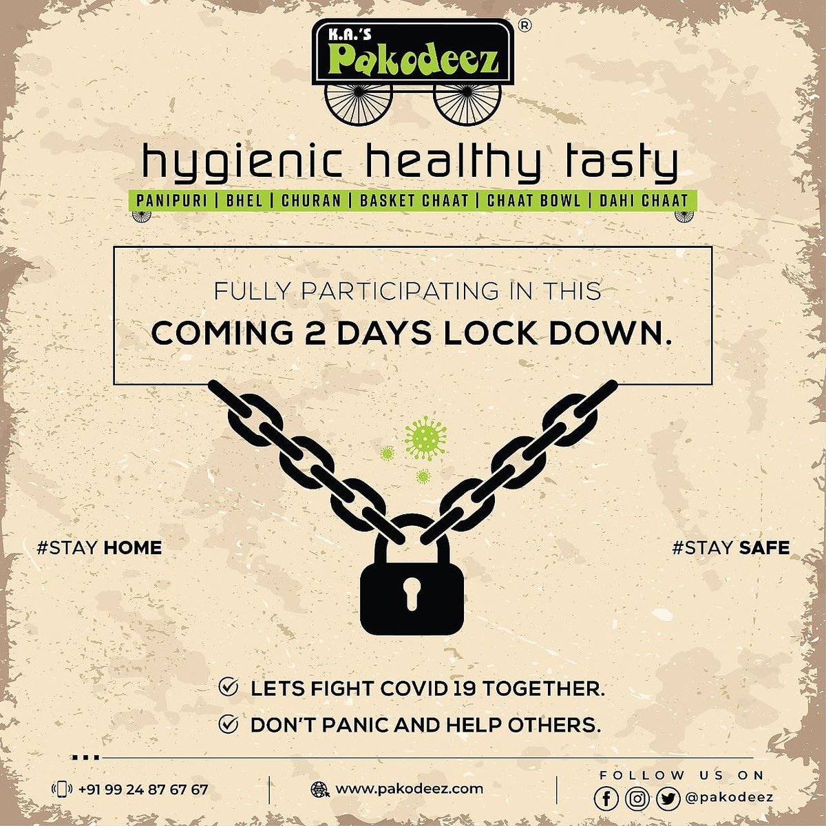 pakodeez's tweet photo. We support 2 Days Lock Down.

Stay Home, Stay Safe!

#lockdown #lockdown2020 #curfew #jantacurfew #lockdownsupport #corona #coronavirus #pakodeezahmedabad #pakodeez https://t.co/nw9ArkOWNy