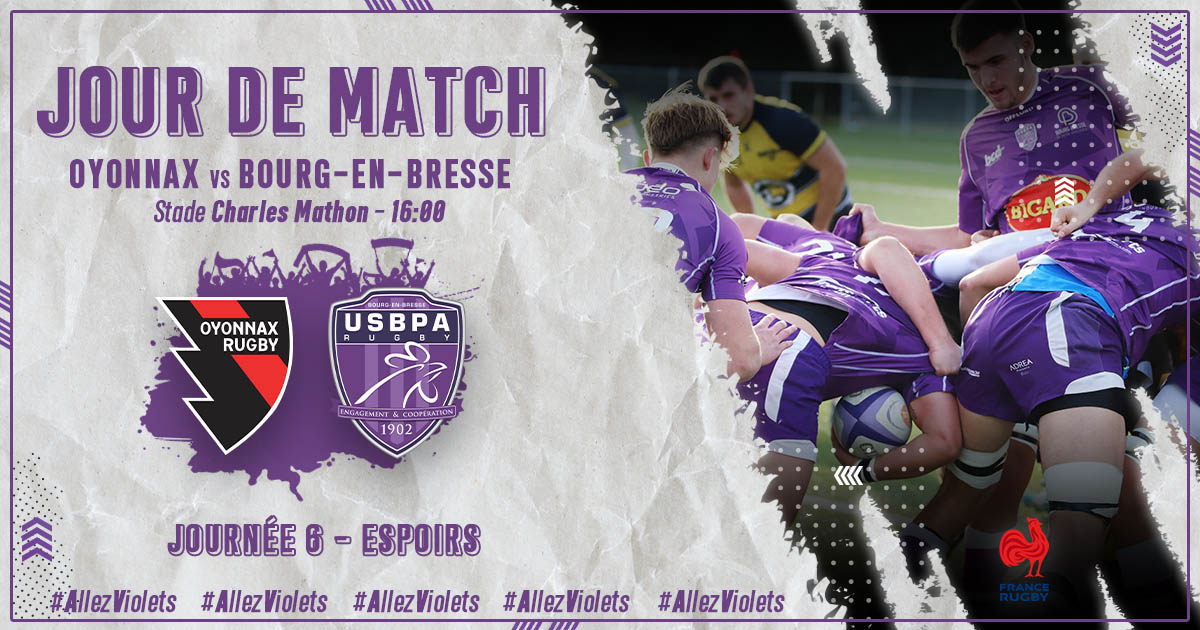 USBPA_Rugby's tweet photo. 🟣 Jour de DERBY 🟣

🏆 ESPOIRS - Journée 6
🆚 @OyonnaxRugby 
⏰ 16:00
🏟 Stade Charles Mathon
💻 Live réseaux sociaux
🎥 Live vidéo (Facebook Association)
❌ Pas de public 

#AllezViolets #Espoirs #Derby https://t.co/e5RtXKnC11