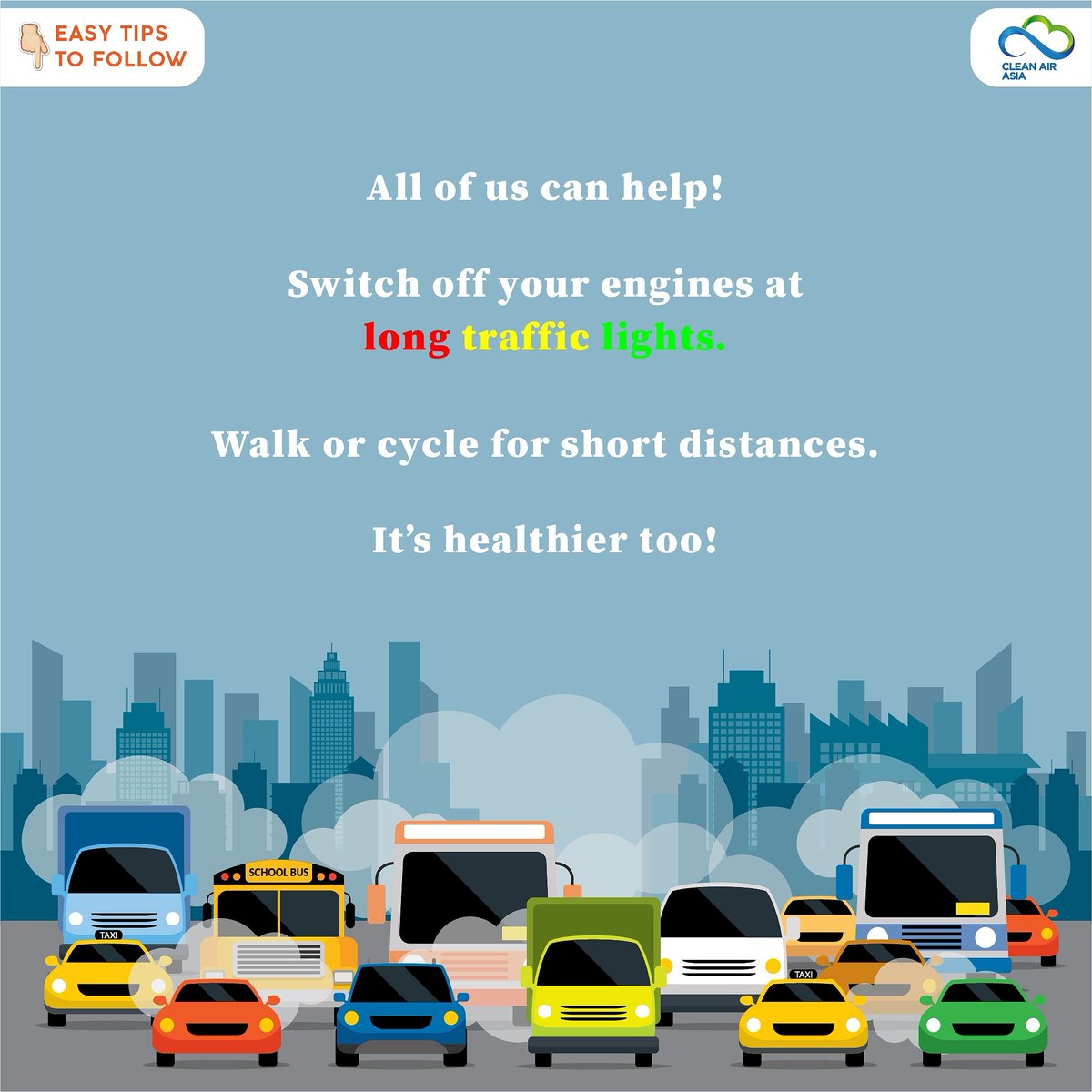 cleanairchat's tweet photo. Switch off your engines at longer traffic lights and walk or cycle for short distances. Reduce the use of your vehicles for a cleaner today.
#cleanair #protection #prevention #vehicularemissions #cleanairasia #breathesafer #breathecleanair #reduceemissions #switchoffyourengines https://t.co/Xvhv4fZDWp