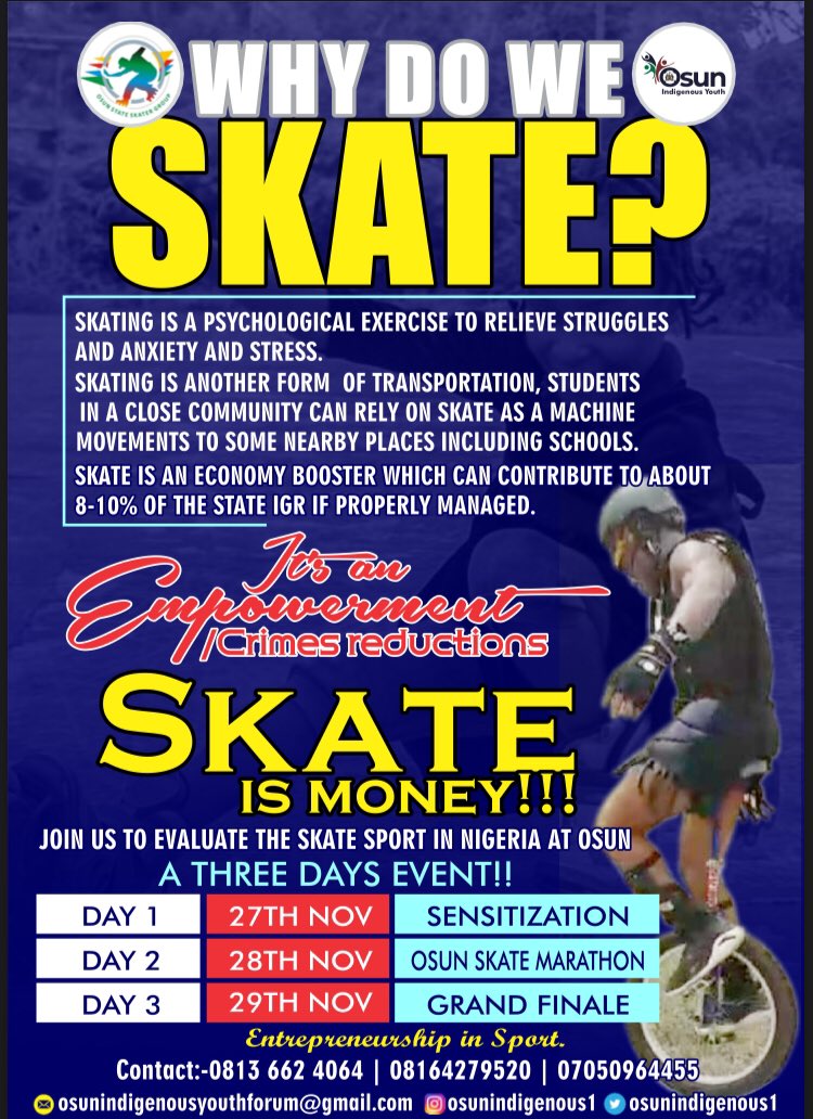 Osunindigenous1's tweet photo. #Aftermathprotest how strongly we plan to produce the virtuous of state of osun? @Yemilawalgq @LekanABadmus @interfem @GboyegaOyetola @WahidSaka..?

Skateboarding your way to: 

OSUN STATE SPORT ECONOMY ROLLERCOASTER 2020(Resurrect damaged economy by youth by sport)
@demosports84 https://t.co/hpfVFvMZSh