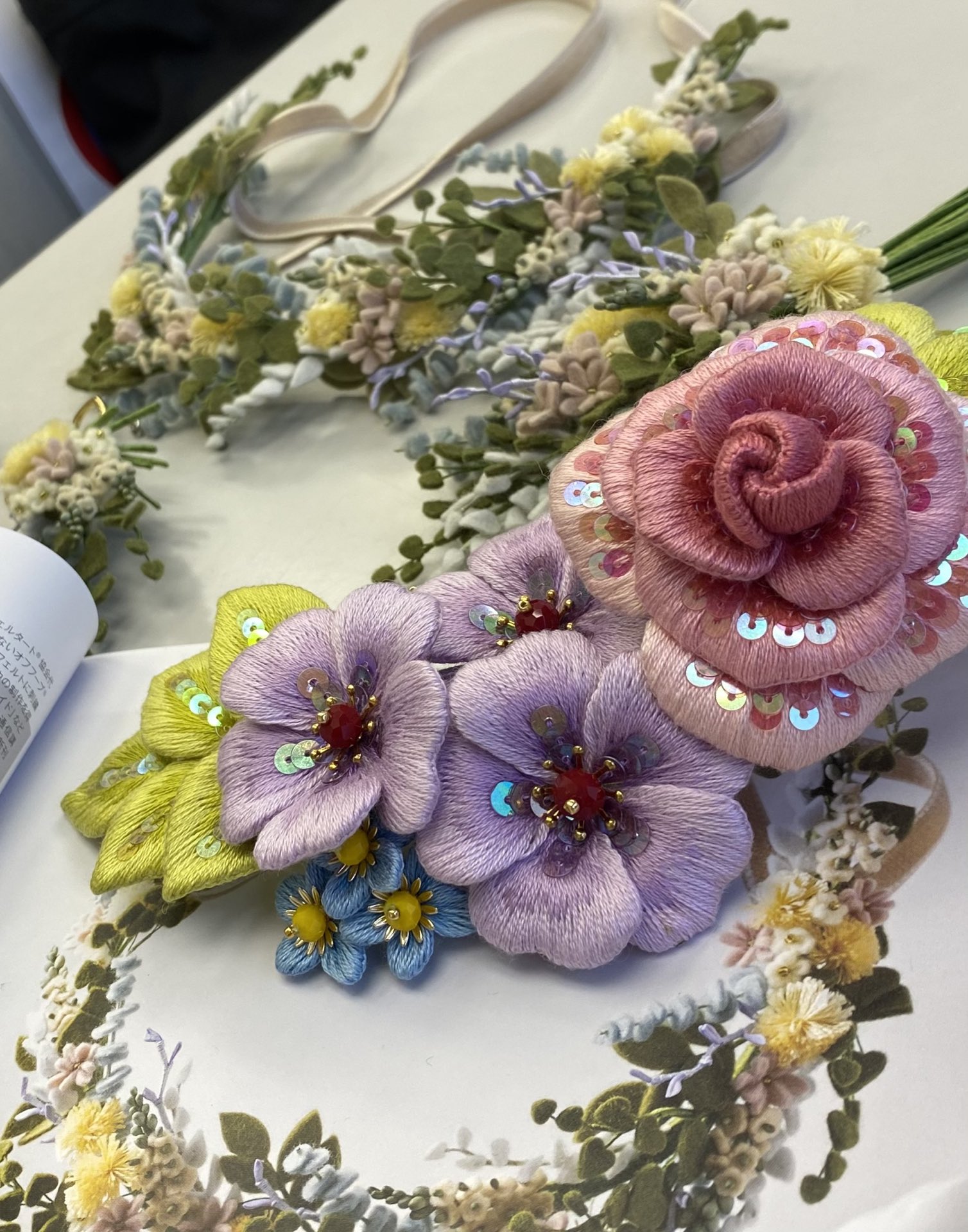 オフフープ立体刺繍pienisieni ピエニシエニ 11月7日 銀座美術ギャラリー花あさぎ二人展 池袋コミュニティカレッジさんでの講座 今日はこちらの紫色のお花の作り方を皆さんと楽しみました 立体刺繍 刺繍 Pienisieni スパンコール T Co