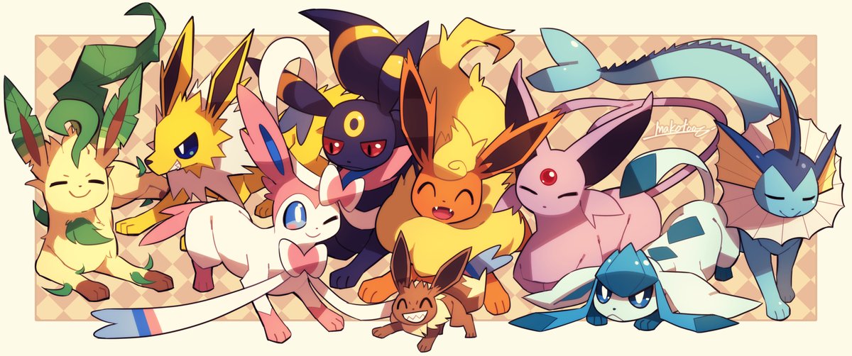 eevee ,espeon ,glaceon ,leafeon ,sylveon ,umbreon ,vaporeon pokemon (creature) no humans closed eyes smile blue eyes evolutionary line closed mouth  illustration images