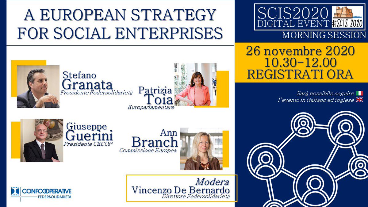 GiuseppeGuerin1's tweet image. Il 26 novembre si tiene la   #SCIS2020 Marathon di @FedSolidarieta e @CICOPA 
dalle 10.30 la sessione  &quot;A European Strategy for Social Enterprises&quot; si può seguire in
Italiano e Inglese 🇬🇧 🇮🇹
Registrati qui zoom.us/webinar/regist…