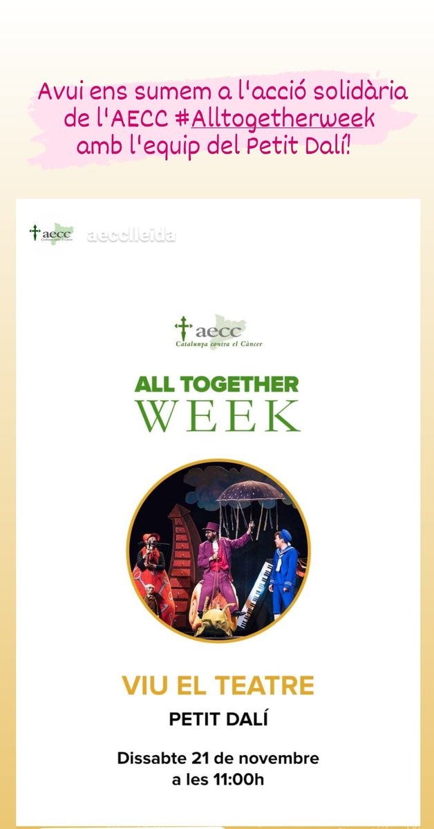 ViuelTeatre's tweet photo. Famílies!! Ens hem sumat a la #Alltogetherweek amb l'equip de l'espectacle #ElpetitDalí i avui a les 11 h a la seva web podreu somiar desperts per anar cap al camí dels somnis 😉😉😉
Enllaç: 
https://t.co/X74rNcH3de https://t.co/agm4Hrljvv