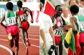 #121In the 10000m at the 1993 World Championships, Haile Gebreselassie accidentally stepped on the heel of Kenyan Moses Tanui's shoe at the bell, causing it to fly off his footWith just one shoe, Tanui couldnt keep up with Haile on the final straight and lost by a whisker