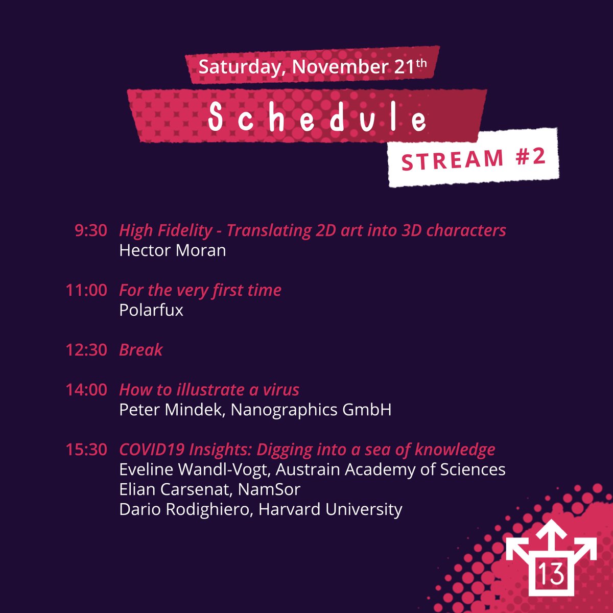 Welcome back to Day 2 of PIXELvienna! 

Today we’ve got even more talks in line and TWO simultaneous streamings. But don’t worry: Tomorrow we’ll do a one-time-only rerun of all the talks.

Join us online on Twitch and Discord! Further information: pixelvienna.com