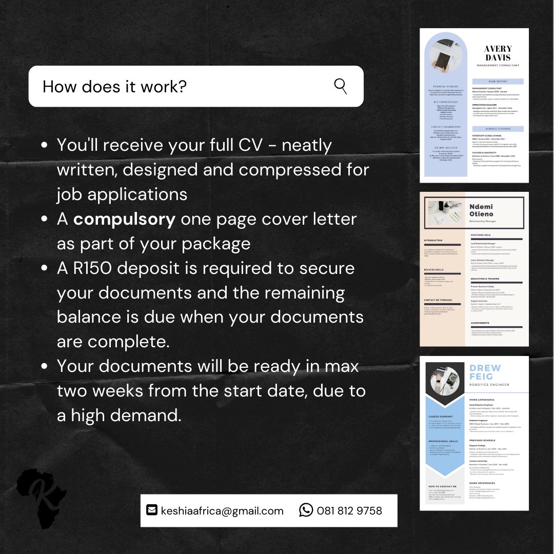 Please hit up  @africaquiche for your CV design and editing needs, and an updated process list because I grabbed these from her Twitter media. She's a brilliant photographer as well 