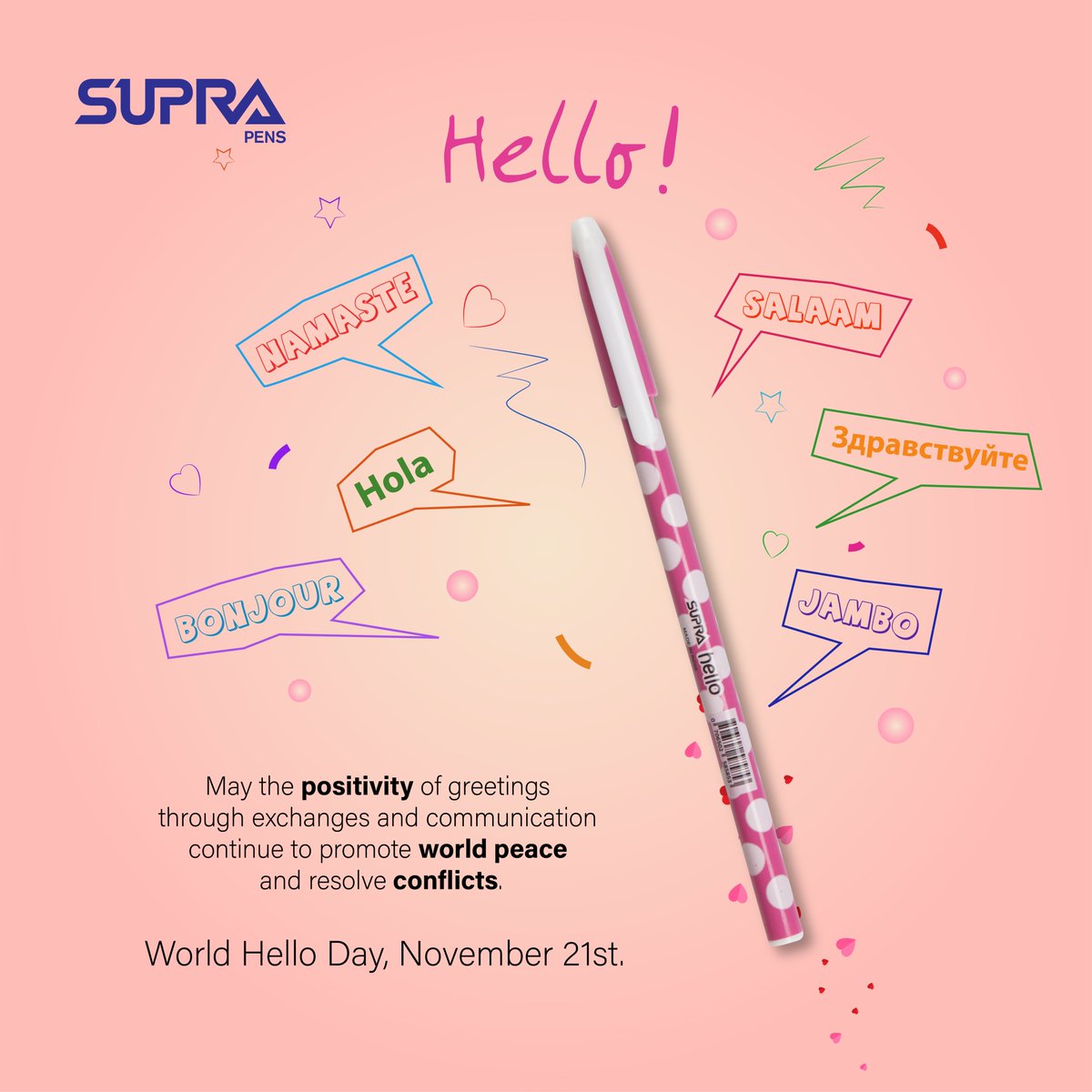 PensSupra's tweet photo. Let’s unlock the power of communication and solve all differences with a “hello”. Celebrating World Hello Day.
#Hello #Namaste #bonjour #Hola #Jambo #SupraPens #WriteToTell https://t.co/SwotaCKmI5