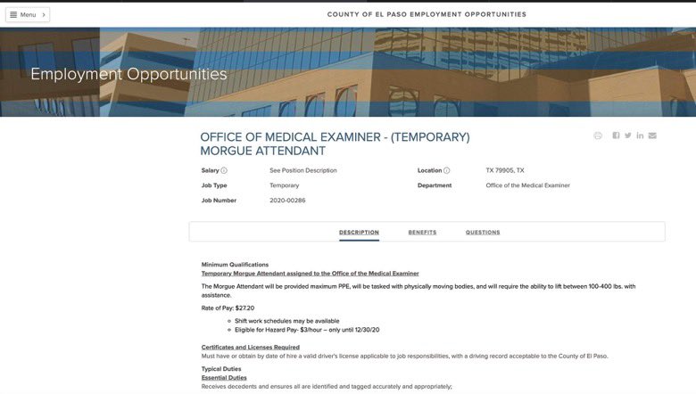 Update: El Paso now hiring morgue attendants for $27.20/hour. But job applicant must be strong enough to lift deceased bodies weighing 100-400 lbs. (45-180 kg). Better than using jail inmates at $2/hour to move  #COVID19 deceased. But so sad and surreal.  https://www.governmentjobs.com/careers/elpasocounty/jobs/2915239/office-of-medical-examiner-temporary-morgue-attendant