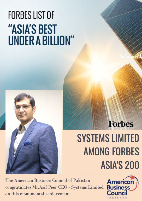 ABCpkOrg's tweet photo. Congratulations to President of The American Business Council of Pakistan, CEO Systems Limited - Pakistan’s global technology giant - on making it to Forbes Asia’s Best Under A Billion 2020 list.
#forbes #systemsltd #congratulations #achievement #pakistan #usa https://t.co/MTVhjecxFk