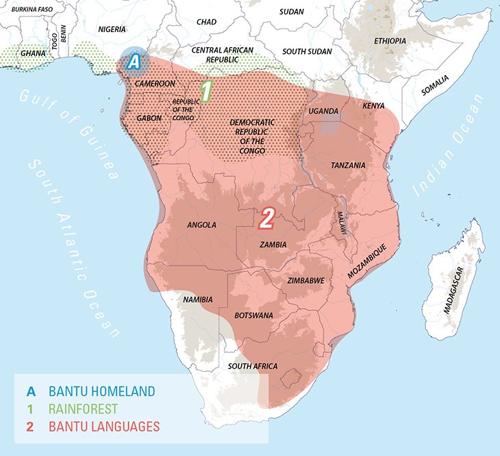 The Bantu Expansion & kingdoms_Is a concurrent dispersal of Bantu languages and Bantu-speaking people from an ancestral homeland situated in the Grassfields region in the borderland between current-day Southern Nigeria and Cameroon (Around the Cross River) c. 3000 BCE – 1500 CE