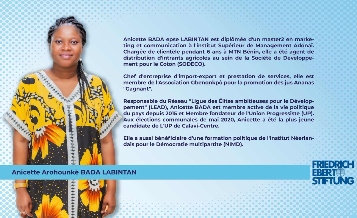 Fes_Benin's tweet photo. 5e Jeunes Leaders du Bénin
Anicette BADA epse LABINTAN est diplômée d'un master2 en marketing et communication à l' #InstitutSupérieurDeManagementAdonaï. Chargée de clientèle pendant 6 ans à @MTNBenin, elle a été agent de distribution d'intrants agricoles à la (#SODECO)
#JLB2020 https://t.co/7cJIAxRVCU