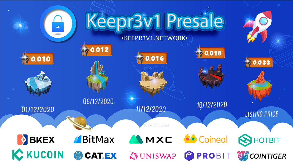 keepr3v1's tweet photo. Keepr3v1 (KPR3) Presale Detail

💎 Starting price: 1 KPR3 = 0.01 ETH
👉🏻 Lising price: 1 KPR3 = 0.033 ETH

🚀 Airdrop Party 150.000 USDT: https://t.co/9V1eZXk1wv…

#Uniswap #MXC #Bkex #Bitmart #Coineal #Hotbit
#Kucoin #Catex #Probit #Cointiger #Joinwithus https://t.co/hdfgSp9F74