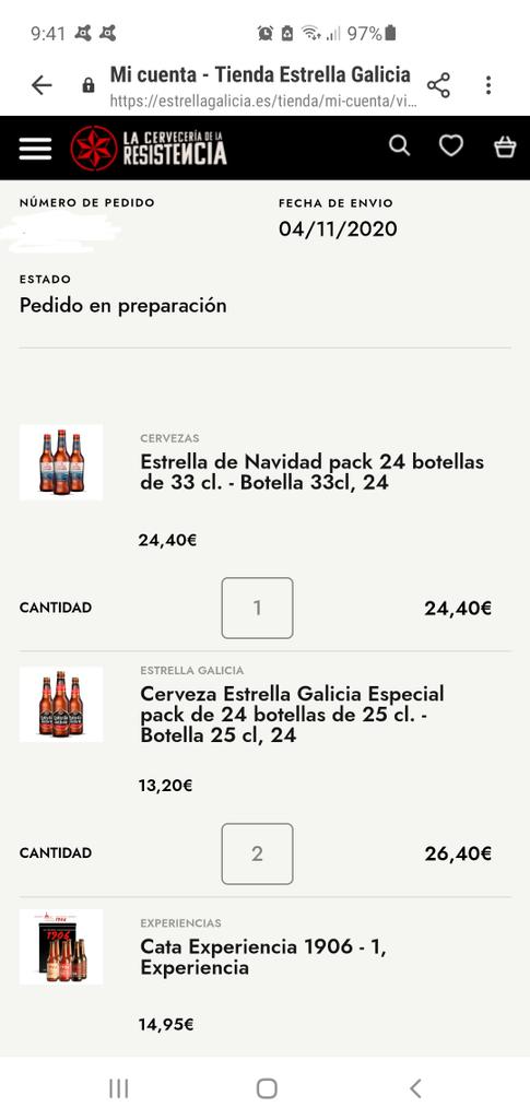 Vergonzosa atención al cliente <a href="/estrellagalicia/">Estrella Galicia</a> . El 06/11 recibimos este pedido salvo la "cata experiencia", que tuvo algún problema. 3 llamadas y 15 días después SEGUIMOS SIN RECIBIRLO 😡