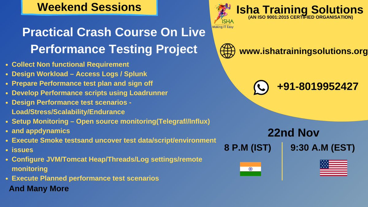 IshaKumargupta's tweet image. Isha Training Solutions is starting a new batch for "Practical Crash Course on Live Performance Testing Project"training
Free Demo On
22nd Nov 8P.M(IST)/9:30A.M(EST)
You can join below whatsapp group
chat.whatsapp.com/KKZsc797Wx2EwZ…
#performancetestinginsoftwaretesting #performancetesting