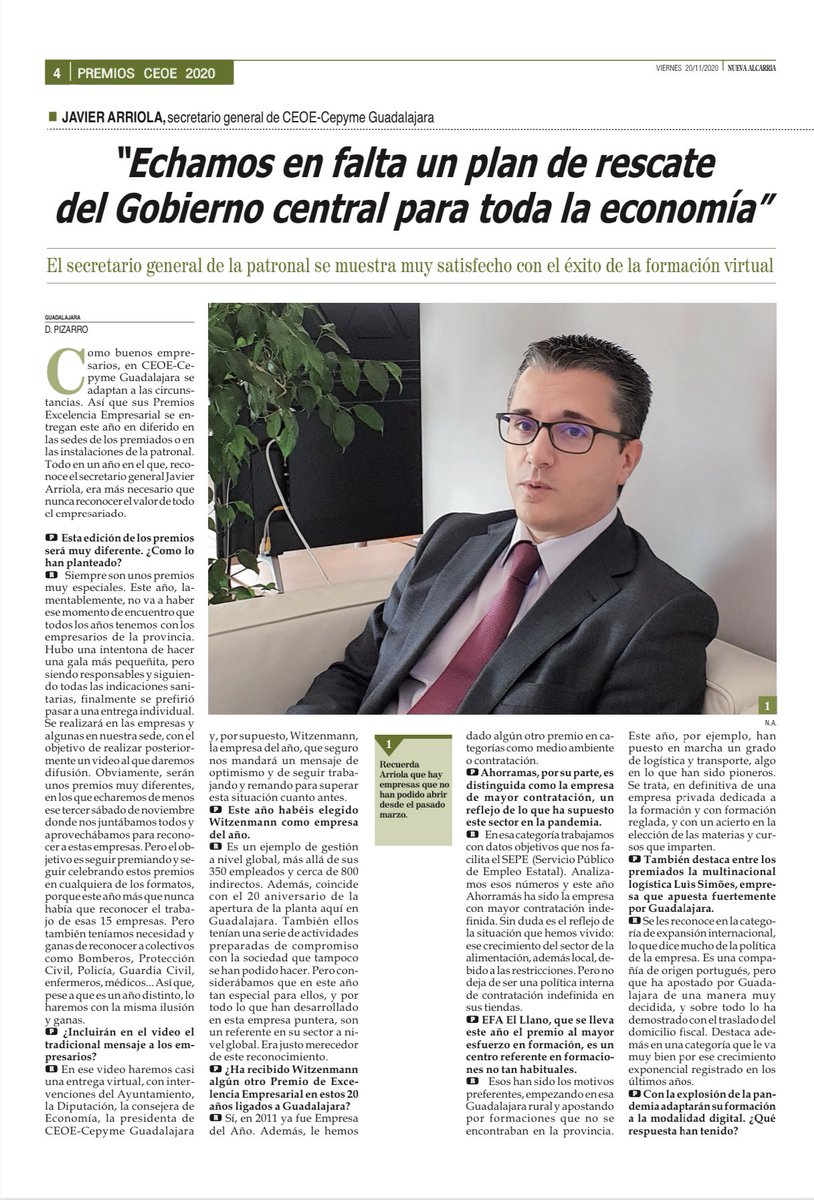 CEOEGuadalajara's tweet photo. 🗞Aquí te dejamos la entrevista publicada en @NuevaAlcarria a nuestro secretario general, @arriola_javier con motivo de los Premios Excelencia Empresarial 2020

#PremiosEE20 https://t.co/vdY66y2me4
