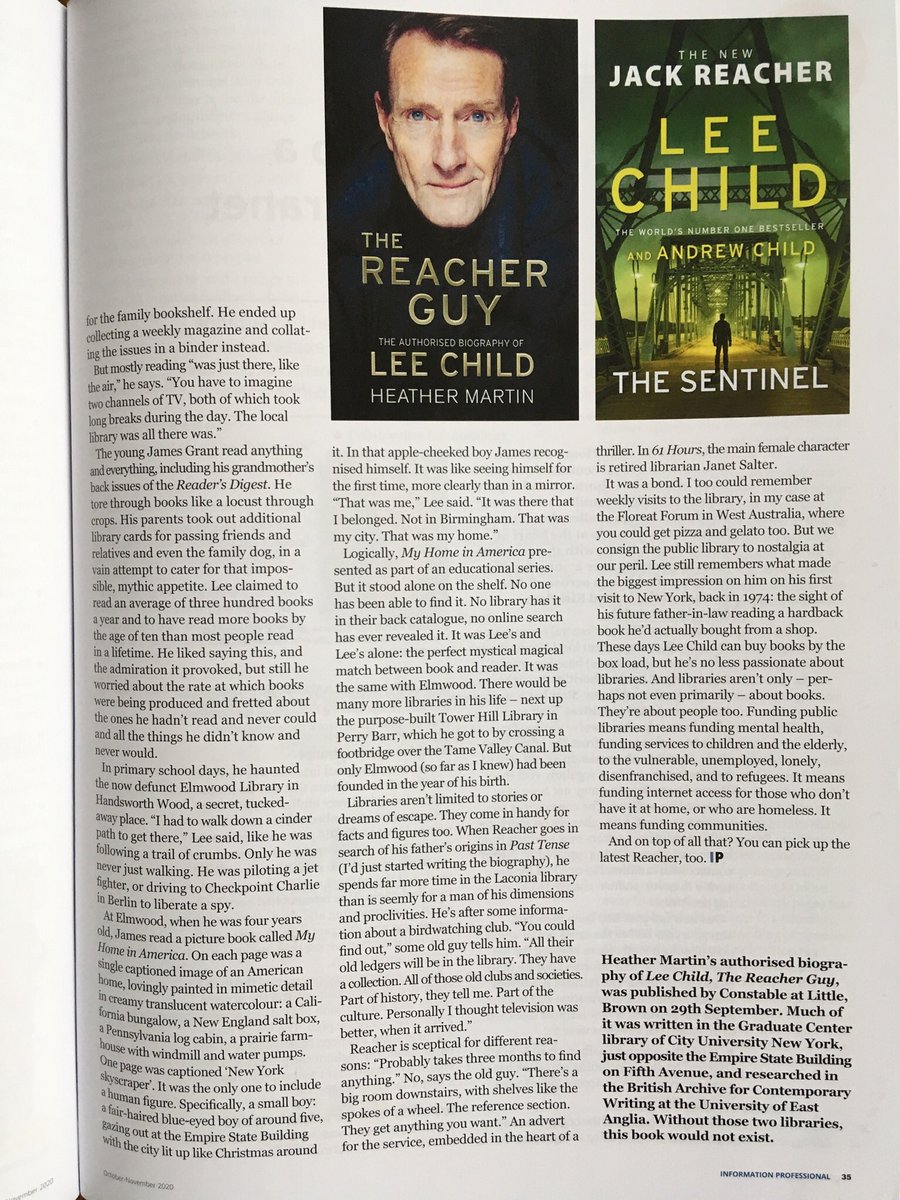 TheReacherGuy's tweet photo. On Lee Child & libraries @CILIPinfo. #61Hours stars a retired librarian. And Reacher spends hours in the library in #PastTense in search of his father’s origins. @LeeChildReacher was writing this book as @drheathermartin was researching his biography ... #TheReacherGuy https://t.co/l3ZpEazcpP