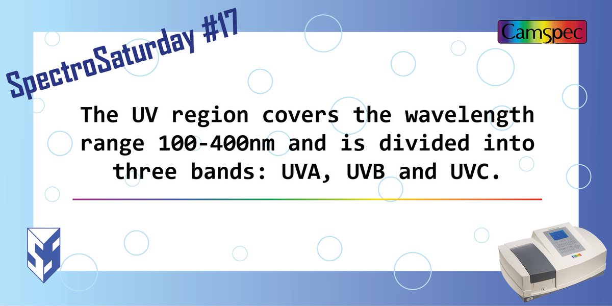 SpecCams's tweet photo. UVA covers 315-400nm, UVB covers 280-315nm and UVC covers 100-280nm. Our @Cam_Spec M550 spectrophotometers have a wavelength range from 190-1000nm.
#SpectroSaturday π Click this hashtag to see our previous top tips!
#science #tech #news #lab #labtips #analysis #UV #UVVis https://t.co/nhSsNdZXPM