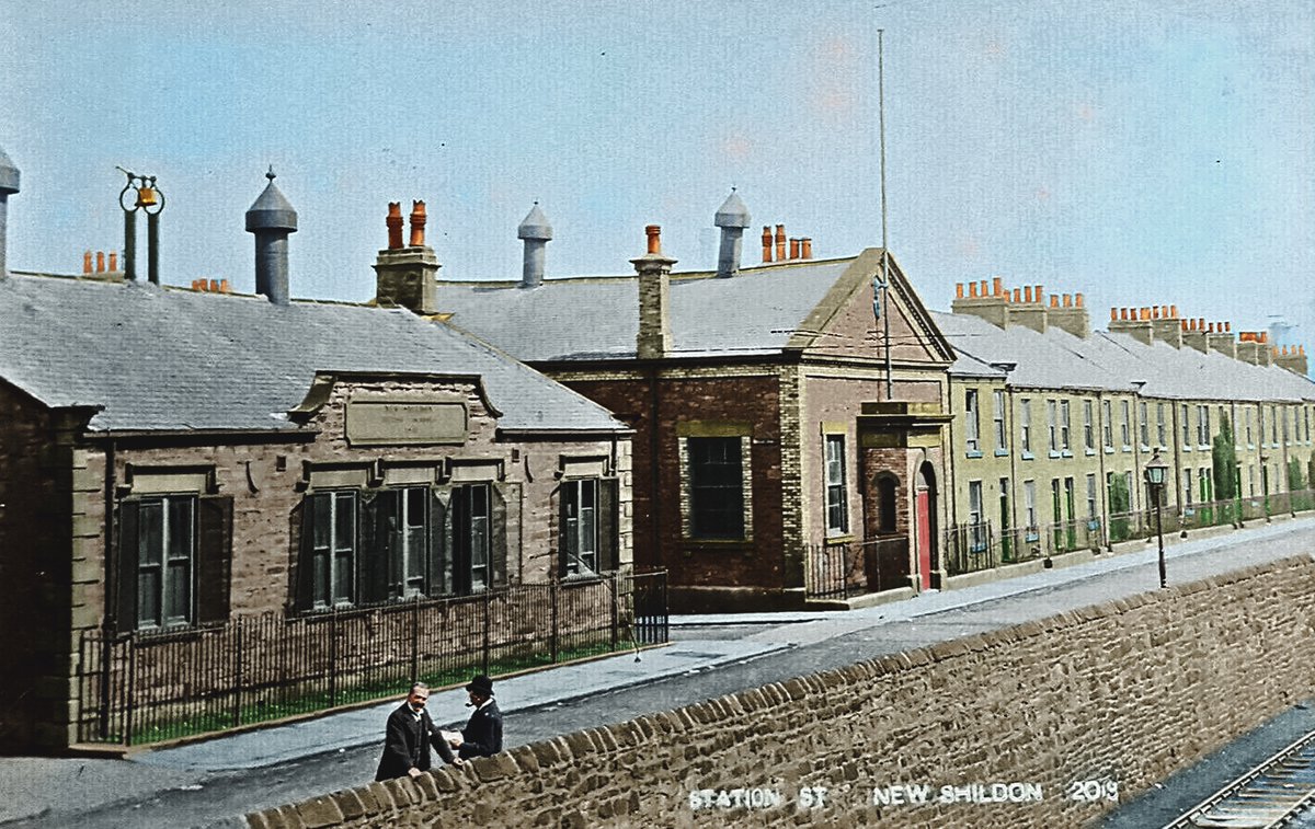 TheStuteShildon's tweet photo. The author Mia Thomas included a black and white copy of this picture in the book Shildon Vintage News - inspired by @StuartHumphryes I have attempted to recolourise - Centre is the older Institute building 1860-1906 #SaveOurStute https://t.co/wYyyjvj9rx https://t.co/NrBMhQqp1S