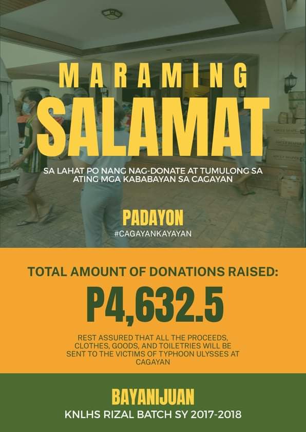 Rhaeiii's tweet photo. IN THE DARKNESS OF LIFE THANK YOU FOR BEING THE LIGHT. ✨

MARAMING SALAMAT SA PO LAHAT.🤗

Tapos na po ang ating donation drive. Your kindness and generosity have gone long way, we can already bring hope to victims of Typhoon Ulysses.

#WeWillHealAsOne
#CagayanKayaYan 💛 https://t.co/FsWCHbYjZa