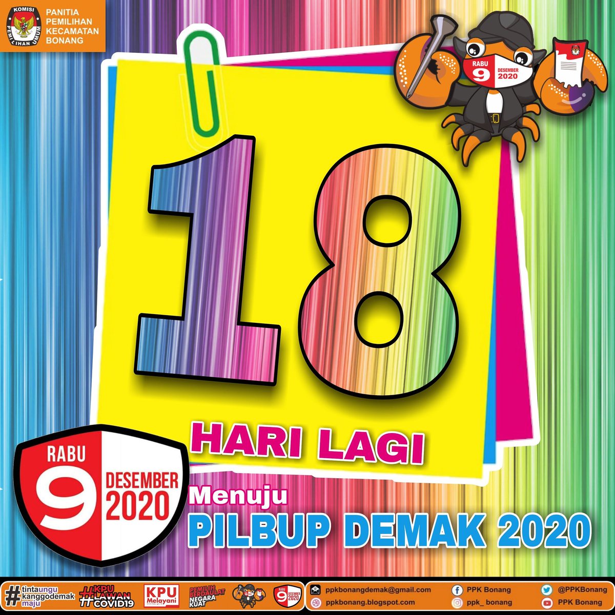 PPKBonang's tweet photo. 18 Hari hitung mundur menuju Pemilihan Bupati dan Wakil Bupati Demak Tahun 2020.
Jangan lupa yaaa 9 Desember 2020!
Nyoblosss..!!

#tintaungukanggodemakmaju
#sukseskanpilbupdemak2020
#pemilihberdaulatnegarakuat
#pilbupdemak2020
#kpulawancovid19
#kpudemak2020
#ppkbonang
#countdown https://t.co/sigKkKSzay