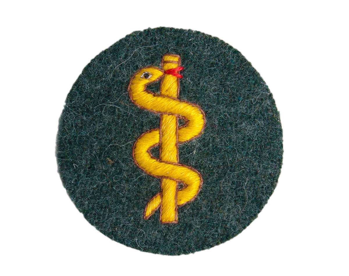 Pic 2 is the Asclepius trade badge of a Sanitäter, worn on the lower right sleeve. Pic 3 is the additional larger 1.5L water canteen carried by a Sani (left rear on Sani in Pic 1), for use on his patients. This was in addition to his own 1L canteen. 51b)