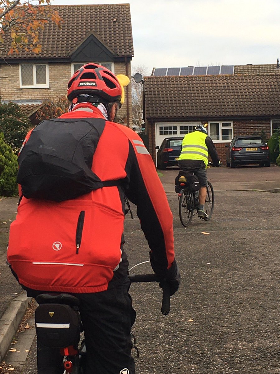 GillHM's tweet photo. @DavidJH_M @RotaryCamRuther @CColinski Day two of the Rotary of Cambridge Rutherford relay bike ride in aid of Children in Need.  The first two are off! @RotaryCiN https://t.co/obH32TzEVU