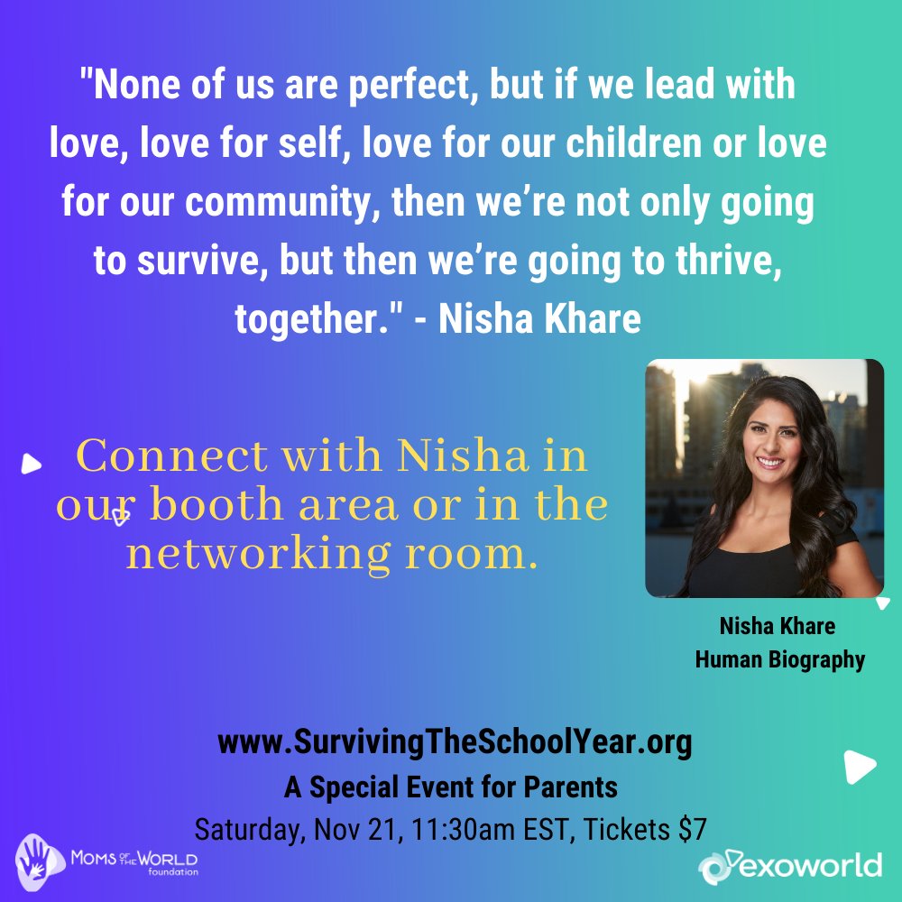 salimismail's tweet photo. Catch some pearls of wisdom from this mom of 2 that is Surviving this School Year. Nisha &amp; @LilySafrani connected to compare pandemic realities. Find her at #STSY. Tickets  $7 USD Sat, Nov 21 
https://t.co/ZndveeWmK4 #Exoworld #OpenExo #community #wellness https://t.co/uXIO0W9wdE https://t.co/hITTwWUvhD