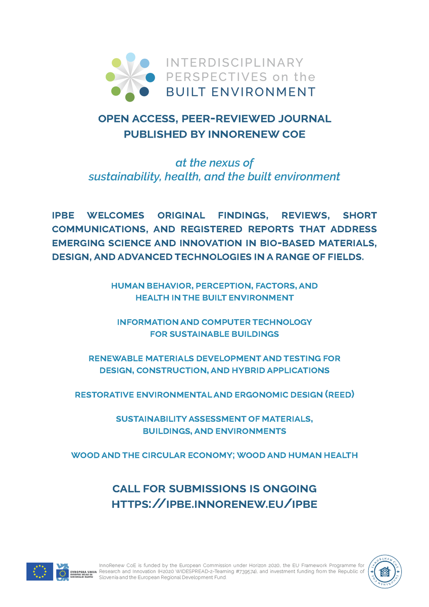 InnoRenewCoE's tweet photo. 📢 CALL FOR SUBMISSIONS 📢

IPBE is accepting submissions about sustainability, health, and the built environment.

For information, visit https://t.co/iRCU6p157v

#ipbescience #ipbejournal #innorenew #sustainability #builtenvironment #openaccess #openscience https://t.co/1wMsOkEucm