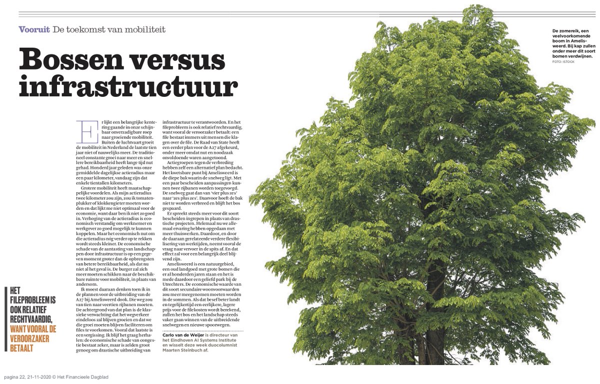 Column <a href="/FD_Nieuws/">FD Nieuws</a>  "Bos versus infrastructuur". Over de steeds grotere onzin van de meeste weg- en spooruitbreidingen. Zeker na de recente wereldwijde spoedcursus thuiswerken. Met de Amelisweerd als symbool. fd.nl/futures/136458…