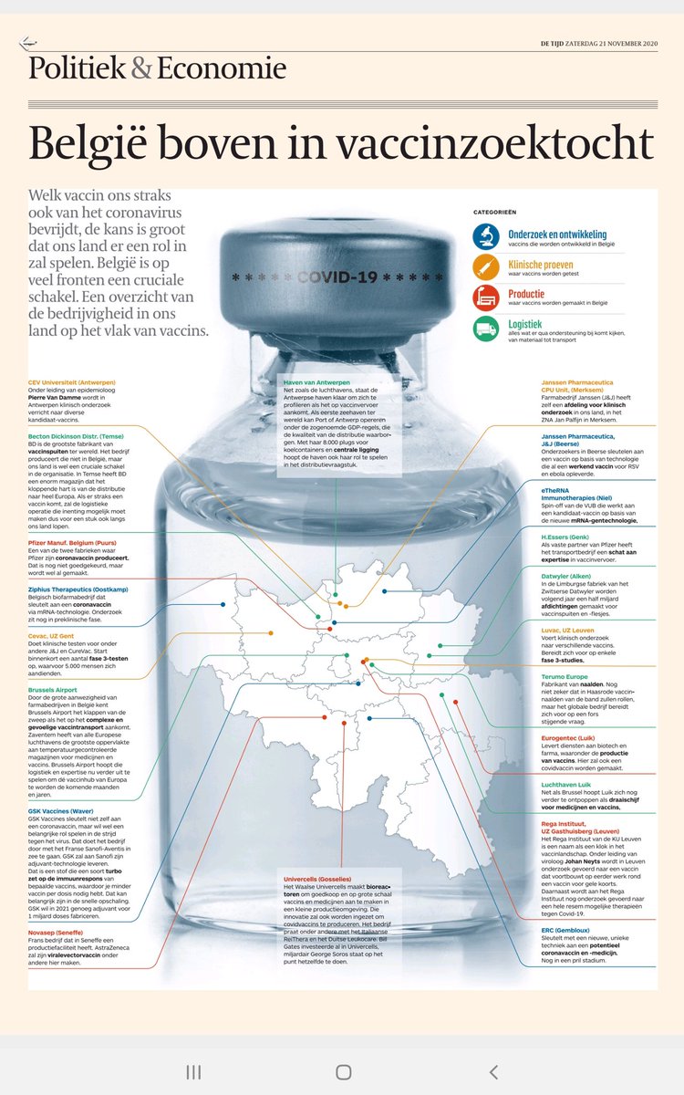 PieterVBO's tweet photo. Dit is toch een geweldige foto in @tijd. De volgehouden inzet op #innovatie via de ondersteuning van R&amp;D (onderzoekers, link met uniefs, ...) zet ons land nu op de wereldkaart. #fier
⏩Een nieuw exportproduct!!
#Corona #coronavirus
@alexanderdecroo @jambon @eliodirupo https://t.co/yzSzBwm31M