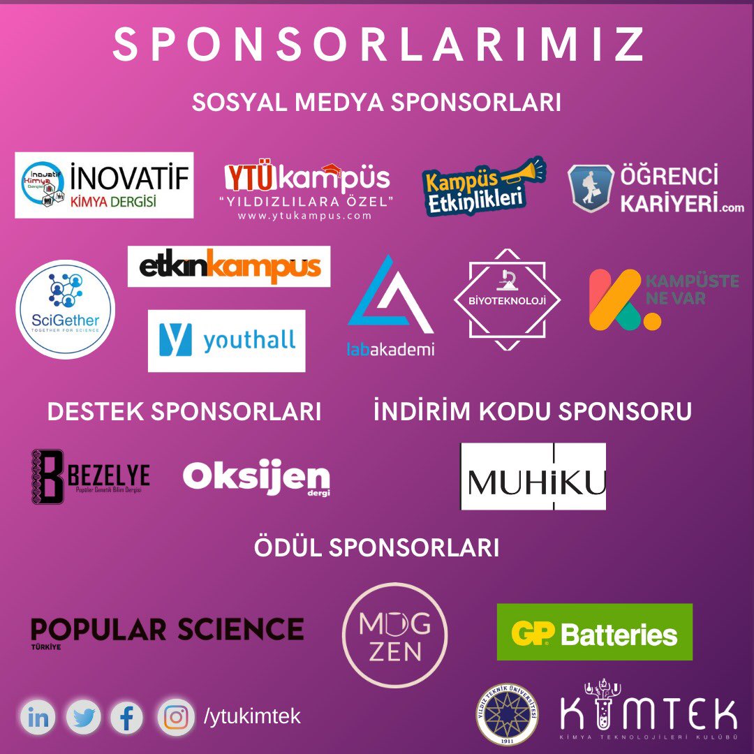 BİYOBİLİM 6 İÇİN GERİ SAYIM BAŞLADI! 🧬

Yıldız Teknik Üniversitesi Kimya Teknolojileri Kulübü olarak bu sene altıncısını düzenlediğimiz Biyobilim, 4-5 Aralık 2020 tarihlerinde Zoom üzerinden online olarak gerçekleşecek.✨