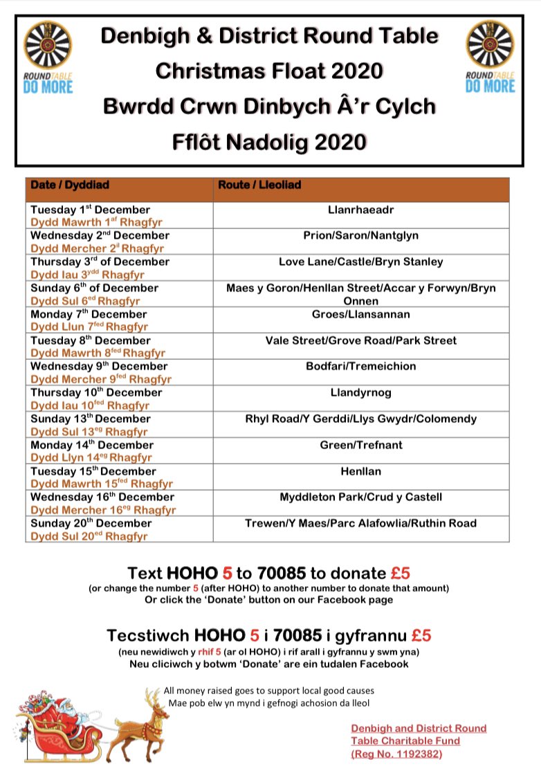 #fflôtnadolig2020 🎄
Rhannwch os gwelwch yn dda.
Ni fyddwn yn gallu cnocio ar ddrysau na stopio y fflôt i chi siarad efo  Sion Corn.  Gellwch wneud cyfraniad tuag at elusennau ac achosion da drwy decstio fel y gwybodaeth ar y daflen.