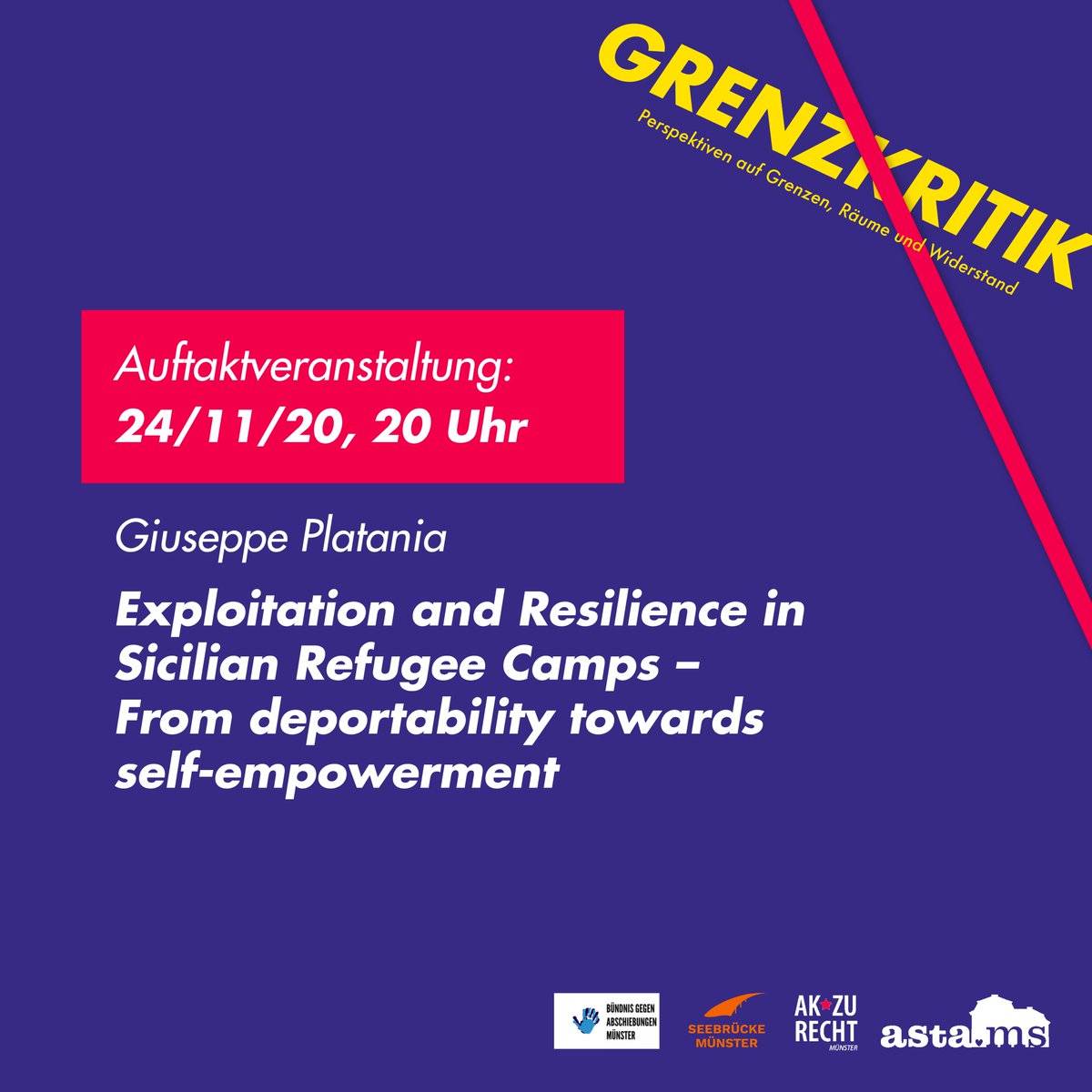 ms_alternativ's tweet photo. Exploitation and Resilience in Sicilian Refugee Camps - From deportability towards self-empowerment
Di. 24.11. | 19 Uhr | #DigitalRadikal

Der Vortrag von Giuseppe Platania findet im Rahmen der Reihe #Grenzkritik statt.
https://t.co/CVlAXVxLVg https://t.co/T7AHcEcaEI