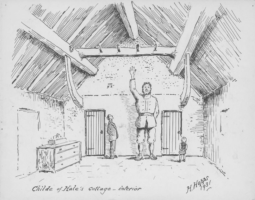 WilliamsonArt_'s tweet photo. Our audit is still with the Childe of Hale and another drawing by Hopps in 1931 showing John standing inside his cottage, arm stretched up and visitors looking on in awe (note the markings on the wall show his height of 9 ft 3 in) #childeofhale #johnmiddleton #giant #storesaudit https://t.co/ektecfWhvV