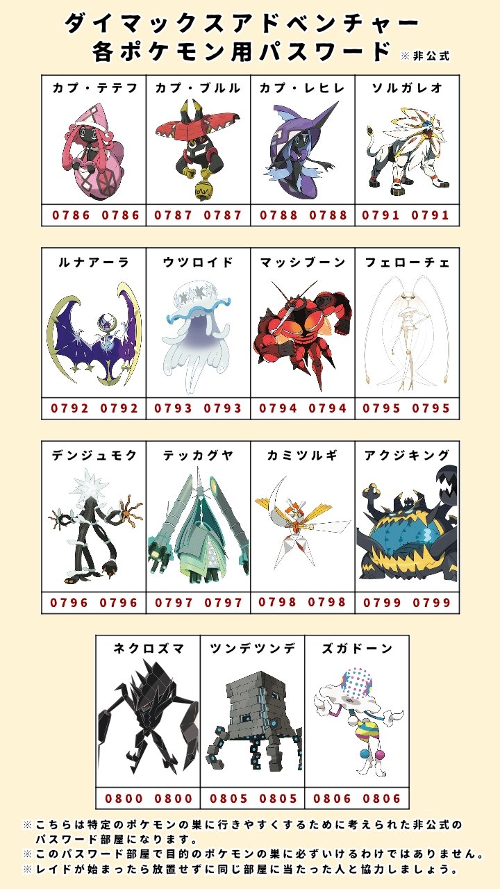 腰光nacchi隊長 ダイマックスアドベンチャーの各ポケモンのパスワード部屋があれば同じポケモン目当ての人と当たりやすくなるのでは というツイートをお見かけして是非とも広まってほしいと思ったので表にまとめました ダイマックスアドベンチャー