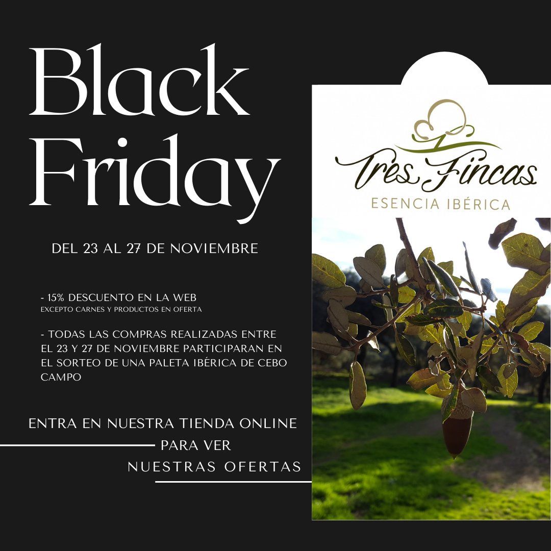 tresfincas's tweet photo. -15% de descuento en la web
https://t.co/BG24poxPkz
¡¡¡SORTEO!!! de 1 paleta ibérica de cebo campo entre todos los pedidos que se hagan en nuestra página web entre el 23 y 27 de Noviembre
#tresfincas #esenciaiberica #ibericosfuenteobejuna #blackfriday #blackfriday2020 https://t.co/o0vP5ipMua