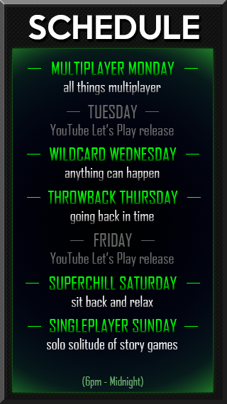 LiquidBlitz's tweet photo. I've been following a new schedule for a while and it will continue for the foreseeable future :)

To be clear; no livestream Tue/Fri, but on those days I release my Let's Play videos on YouTube. A bit of fluff for every day of the week :D https://t.co/4yKSGU3SIQ