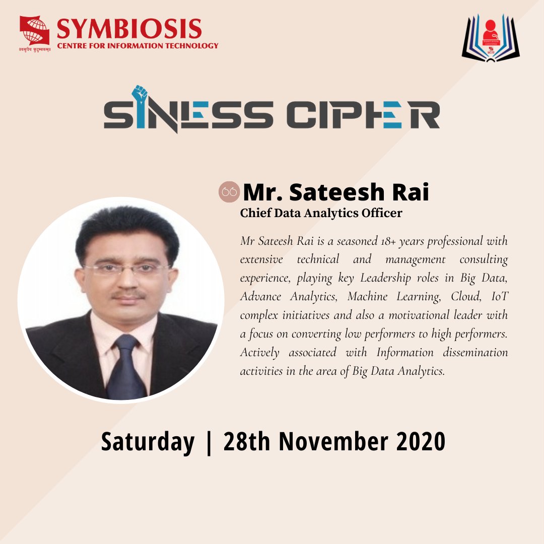 MBA_SCIT's tweet photo. Excited to announce that Mr. @raisateesh, Chief Data Analytics Officer, will be speaking at the 5th edition of Integrity and Ethics Conclave. Catch him live on 28th November 2020.
#IntegrityAndEthicsConclave #MBA #SCIT #DigitalCooperation #SinlessCipher https://t.co/ZLPW8VoZWz