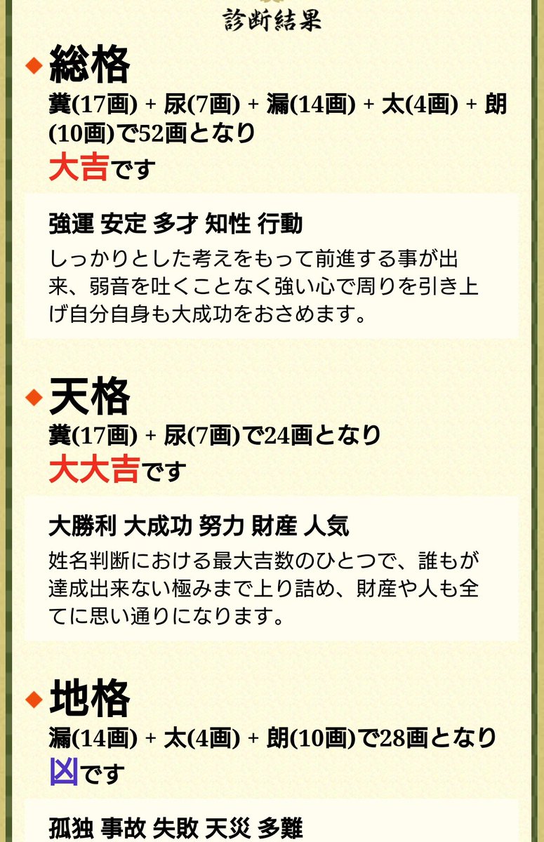 姓名判断で 最強にツイている名前を割り出したらこんな感じになったので あんまり気にしない方がいい 天才 カルマを背負わせるな Togetter