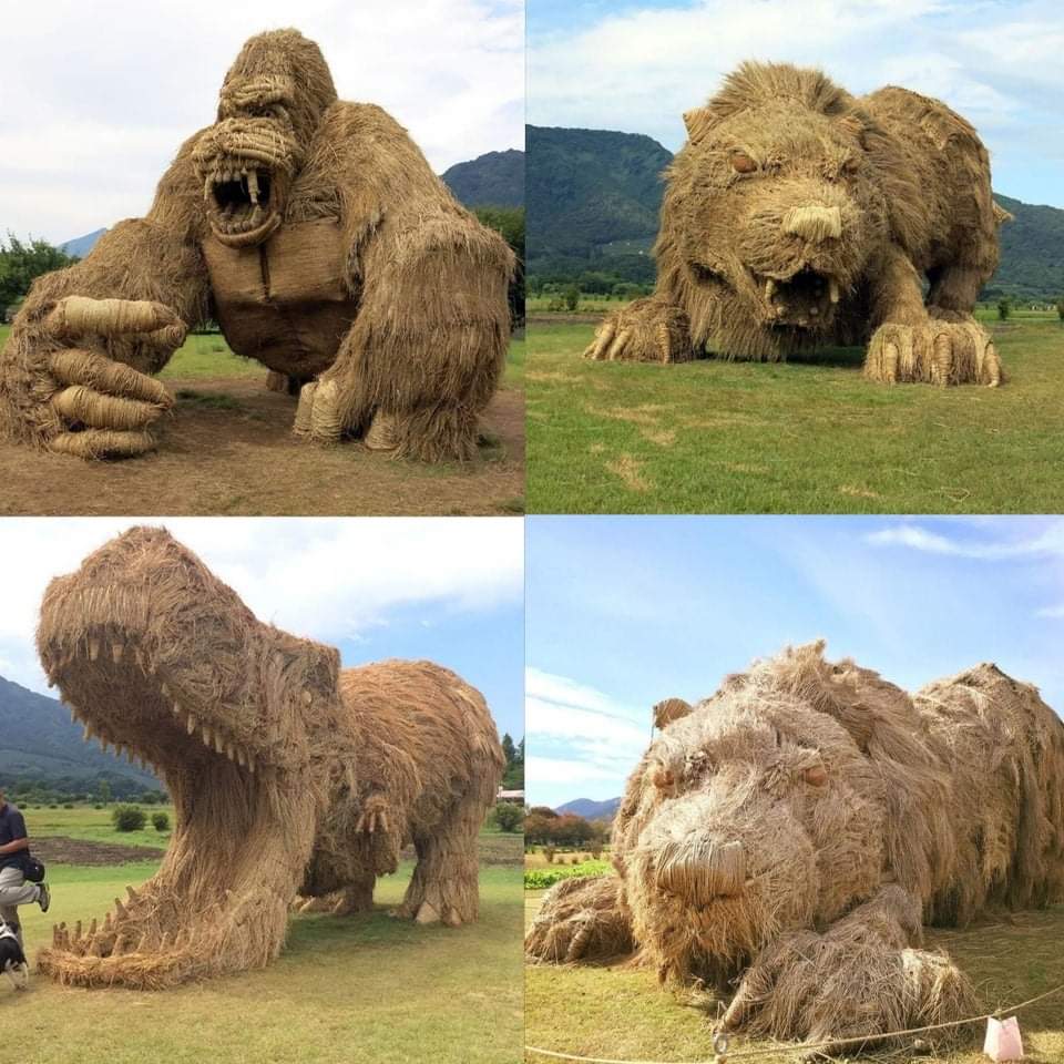 BerserkAnna's tweet photo. To celebrate the rice harvest, artists in Northern Japan create giant animal sculptures with left over rice straw. https://t.co/nqX7g5UN41