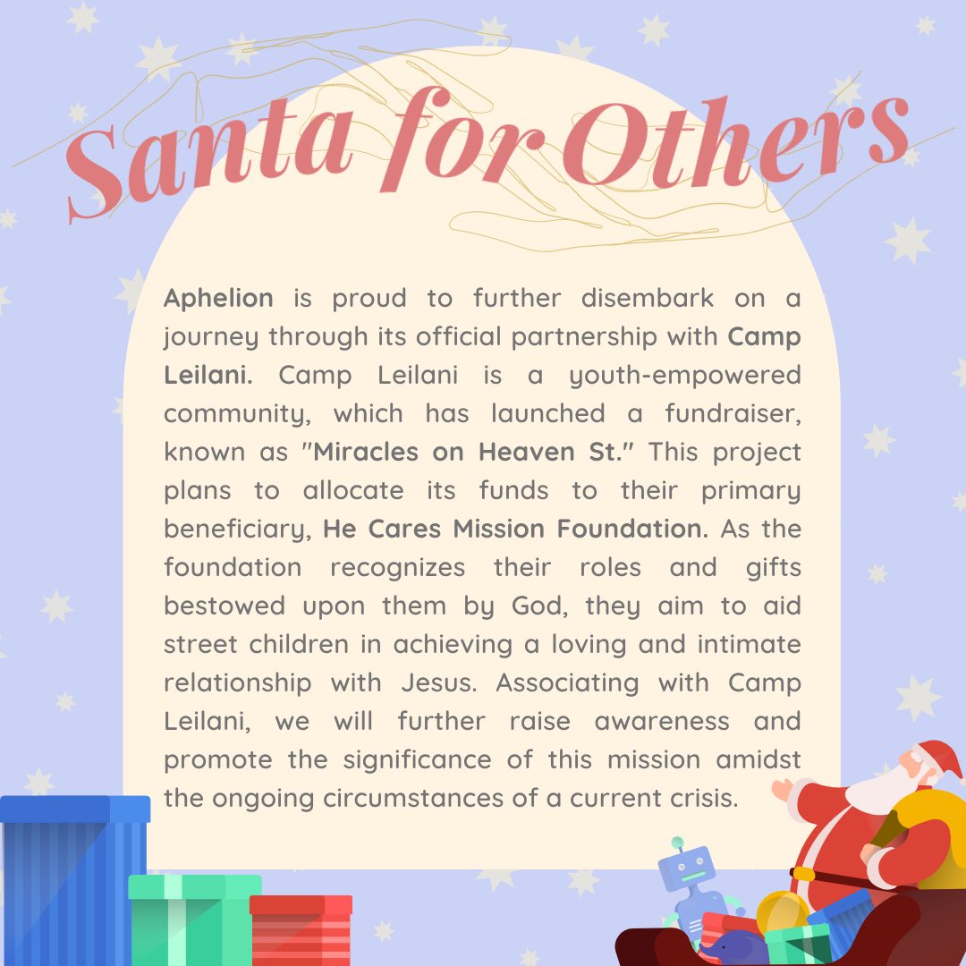 aphelion_ph's tweet photo. Santa Claus is coming to town!🎅🎄🎁

Advanced MERRY CHRISTMAS! Holidays are just right around the corner🤩

Aphelion is proud to announce that we have formed a partnership with Camp Leilani💘 Raising awareness regarding their established fundraiser: Miracles On Heaven St.😇 https://t.co/ZJqfJ2lrC5