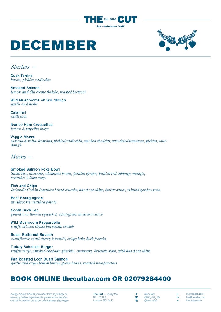 NOT LONG NOW... 🎉 We are super excited about seeing you all back at @cut66 <a href="/youngvictheatre/">Young Vic</a>. Rocking  new dishes, craft beers, cocktails to drink in and to take away for Christmas. Drop in for hot drinks, cakes &amp; samples of our new menu 25,26,27 November. BOOK NOW for DECEMBER