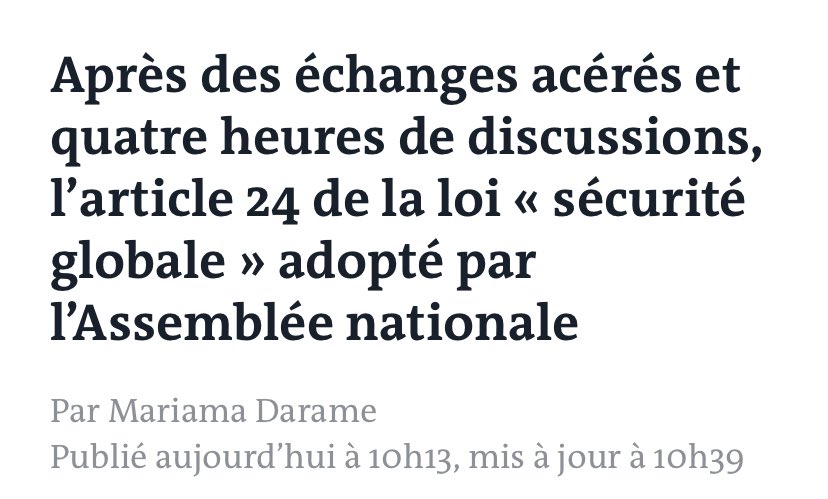 En France, on préfère interdire de filmer les violences policières plutôt que d’interdire les violences policières. #StopLoiSecuriteGlobale