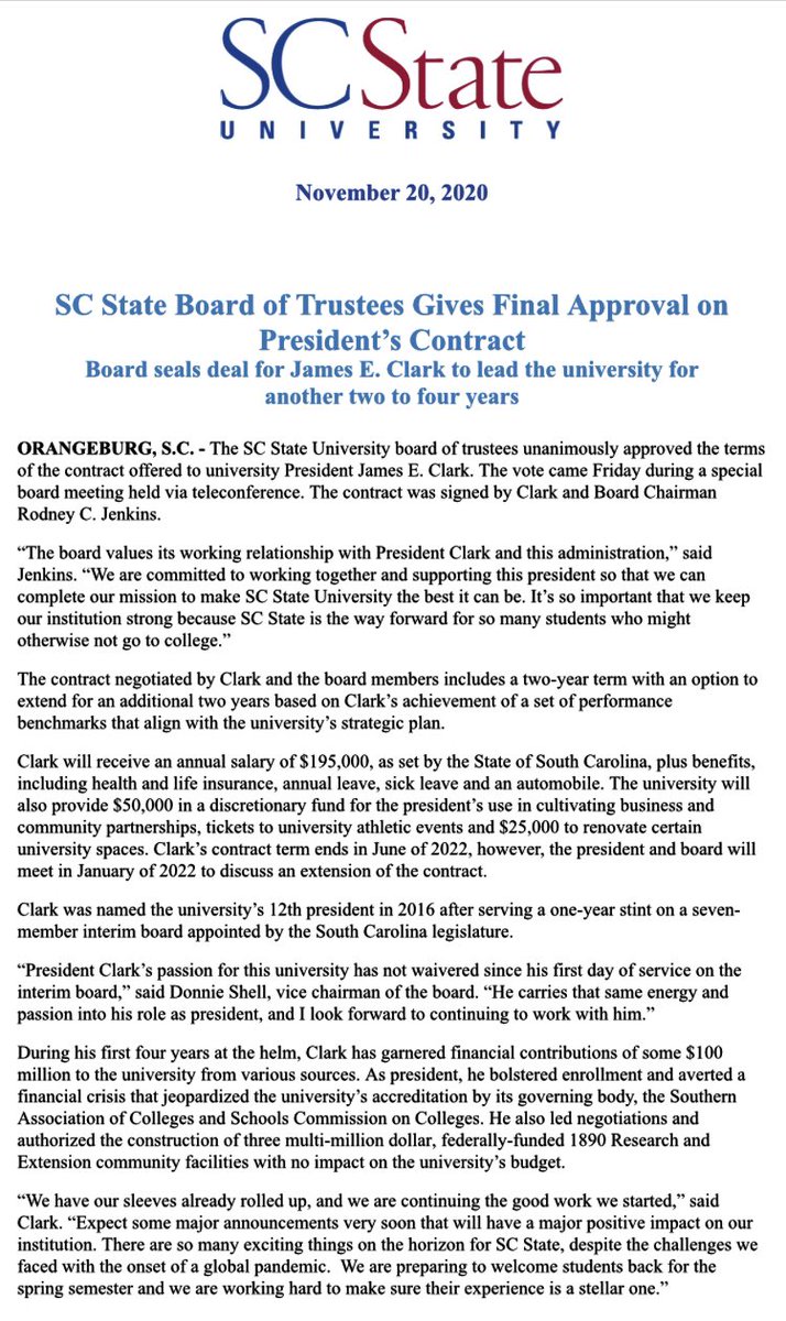 SCSTATE1896's tweet photo. The SC State Univ. board of trustees unanimously approved the terms of the contract offered to university President James E. Clark. The vote came Friday during a special board meeting held via teleconference. The contract was signed by Clark and Board Chairman Rodney C. Jenkins. https://t.co/JXhzs9lNAN