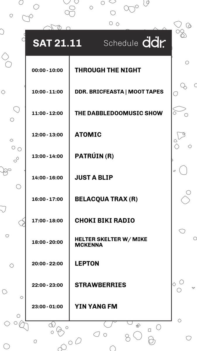 DublinDigiRadio's tweet photo. Enjoy a lazy Saturday today with shows from @MootIreland @DabbledooMusic 
Atomic with @katemarcella 
Patrúin with @lynchr20
Just a Blip with @shitepipe 
@StrawberriesDub 
and much more from non-Twitter users Dirty Mike with Helter Skelter, Belacqua Trax, Lepton, YinYang FM 😎 https://t.co/t0MovssgoE